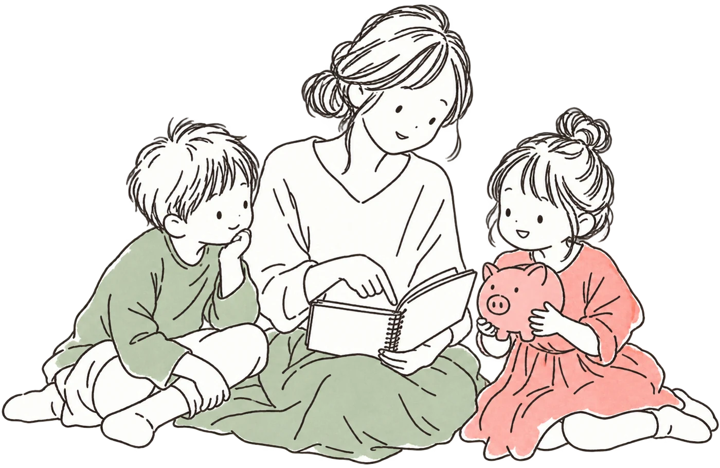 絵本を読む親子3人の線画イラスト